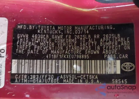 2014 Toyota Camry Se Sport from USA, damaged, VIN 4T1BF1FKXEU798895